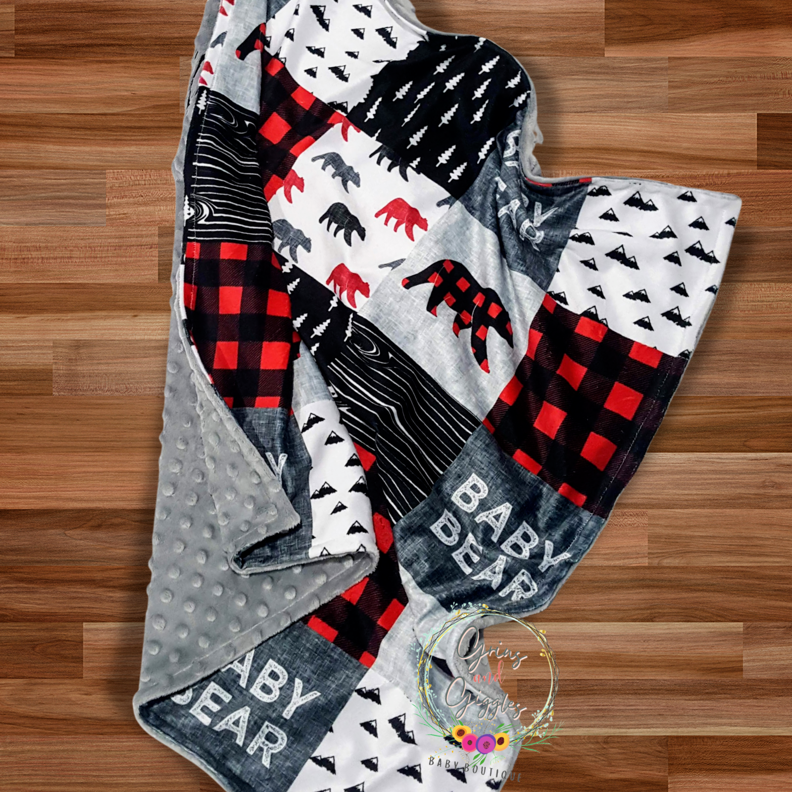 Baby Boy Blanket,Baby Bear, Buffalo Plaid,Monogram,Personalized,Minky Blanket