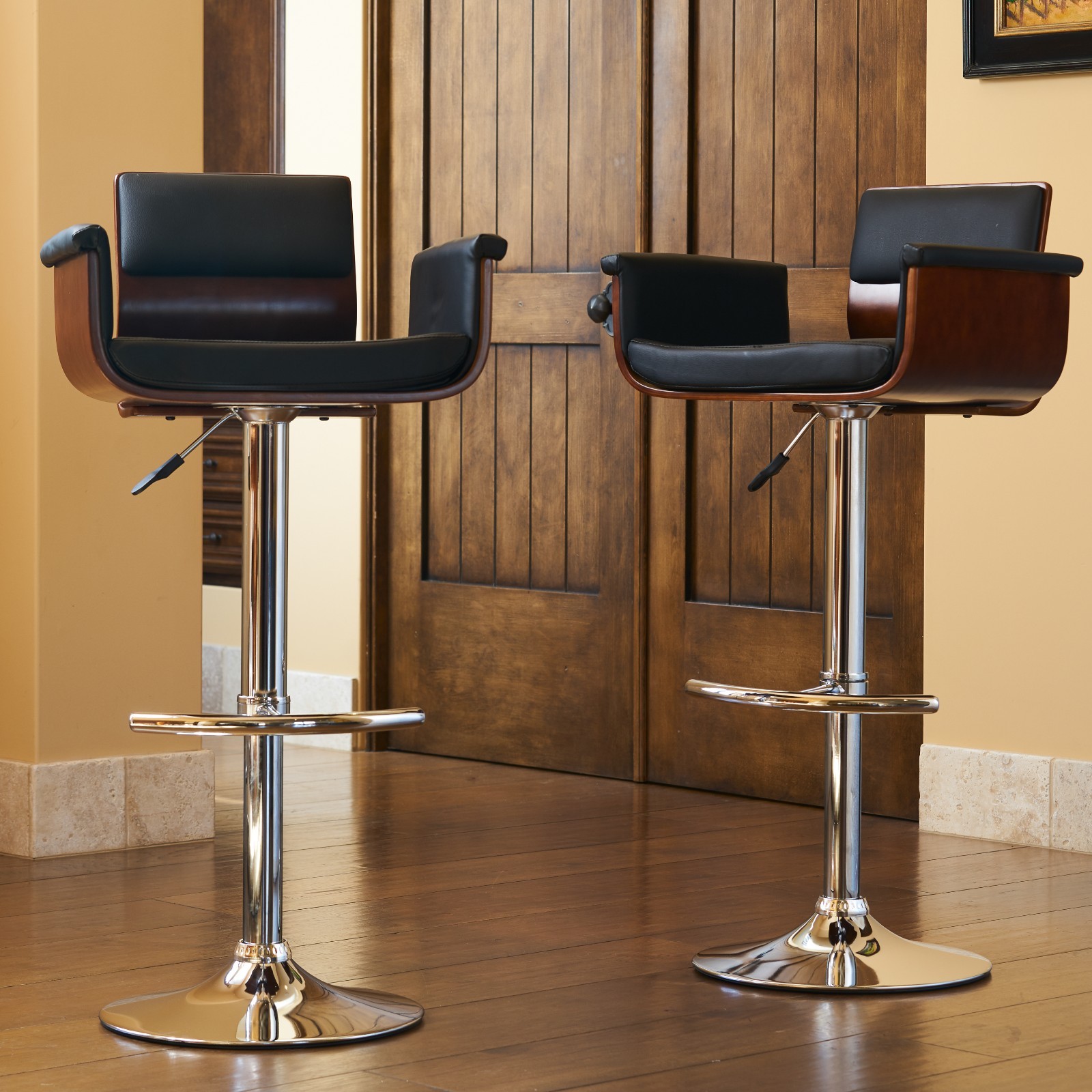 Supernova Modern Adjustable Height Swivel Walnut and Black PU Leather Bar Stool