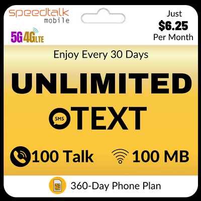 SpeedTalk SIM Card Unlimited Text 100 Talk & Data Prepaid Phone Plan $6.25/Mo.