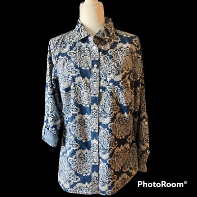 NWT Kim Rogers Sz S Womens Button Front Shirt 3/4 Roll Tab Long Sleeve Pocket