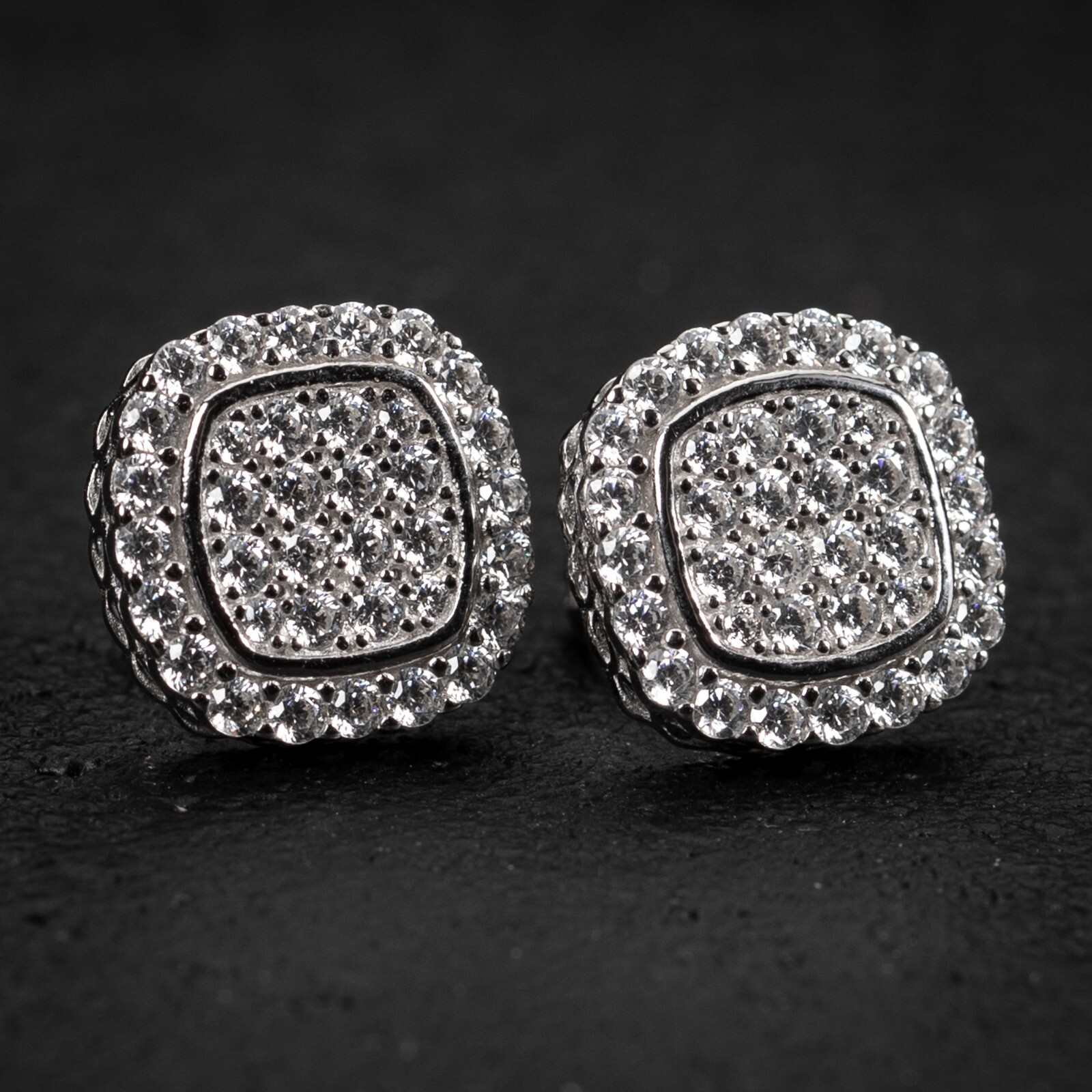 Iced Cz Large White Gold Sterling Silver Honey Comb Set Hip Hop Stud Earrings