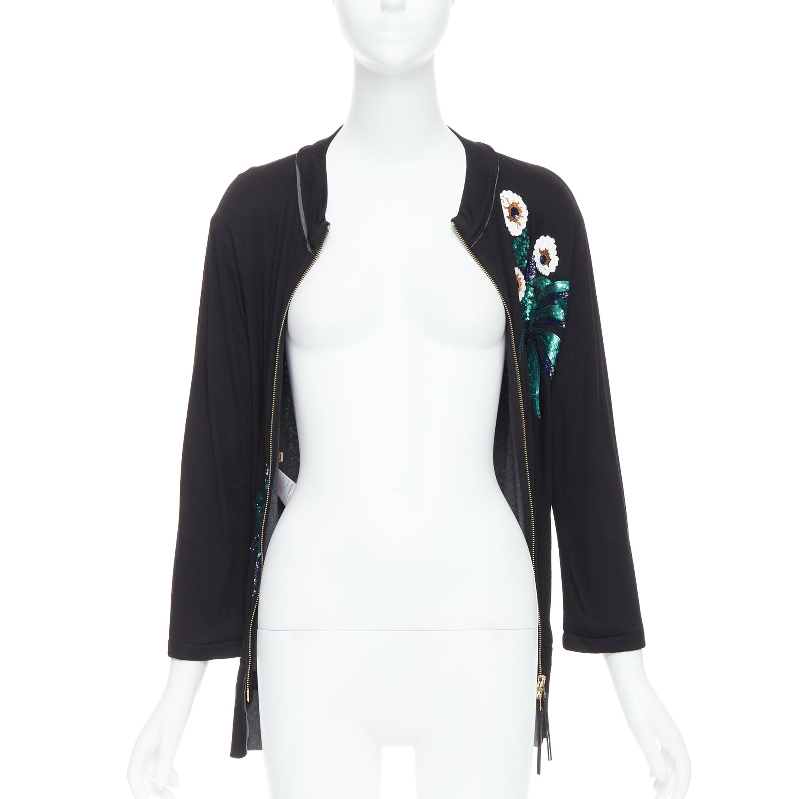MARNI black white green sequins flower leather zip jersey