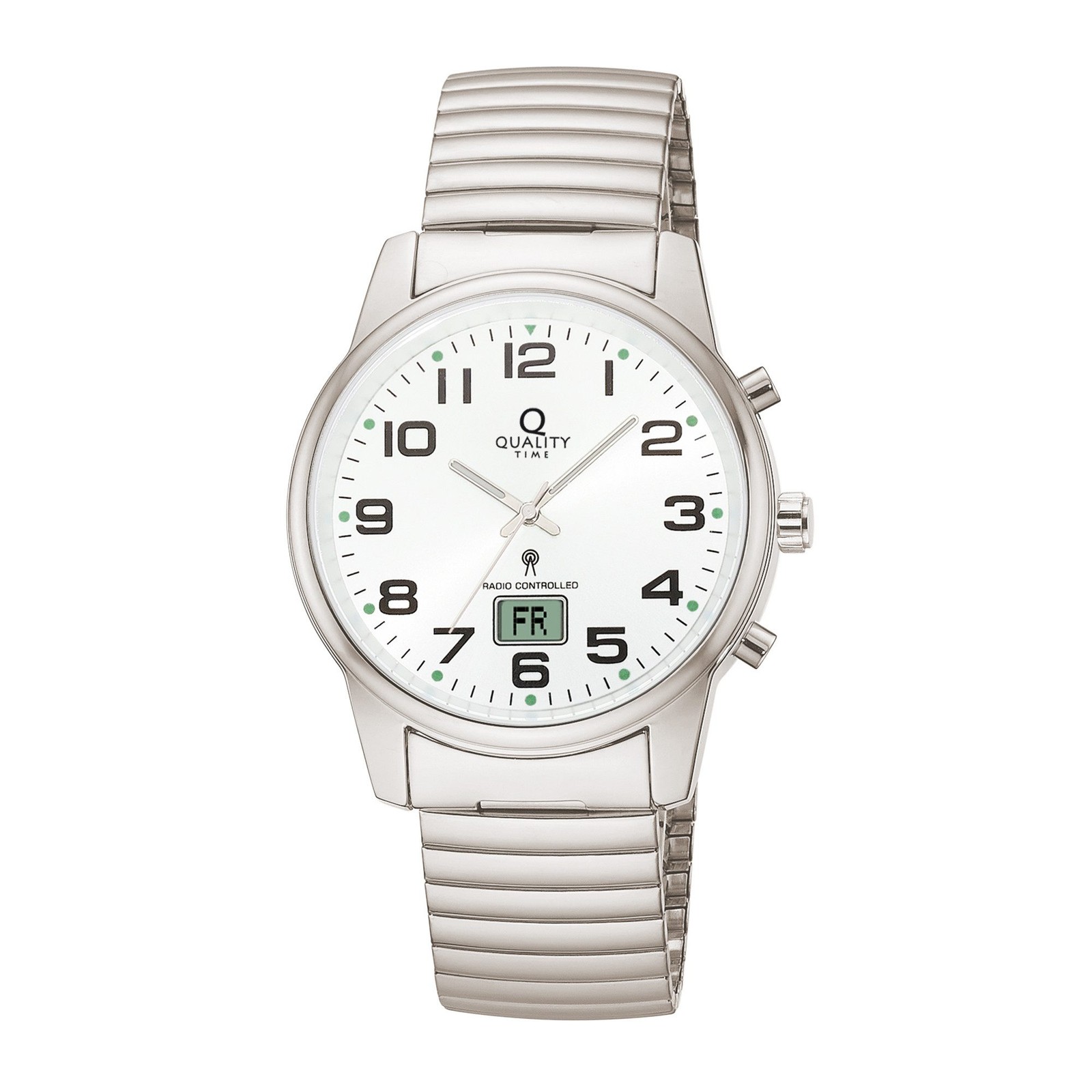 QUALITY TIME QGA-10509-12Z Herren Funkuhr Analog Digital Edelstahl Weiß B-WARE - Bild 1 von 3