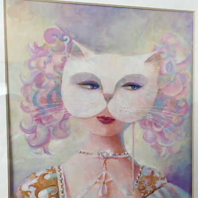 Vintage Framed Art Print CAT Masquerade Mask Lady Alina Eydel Signed Numbered