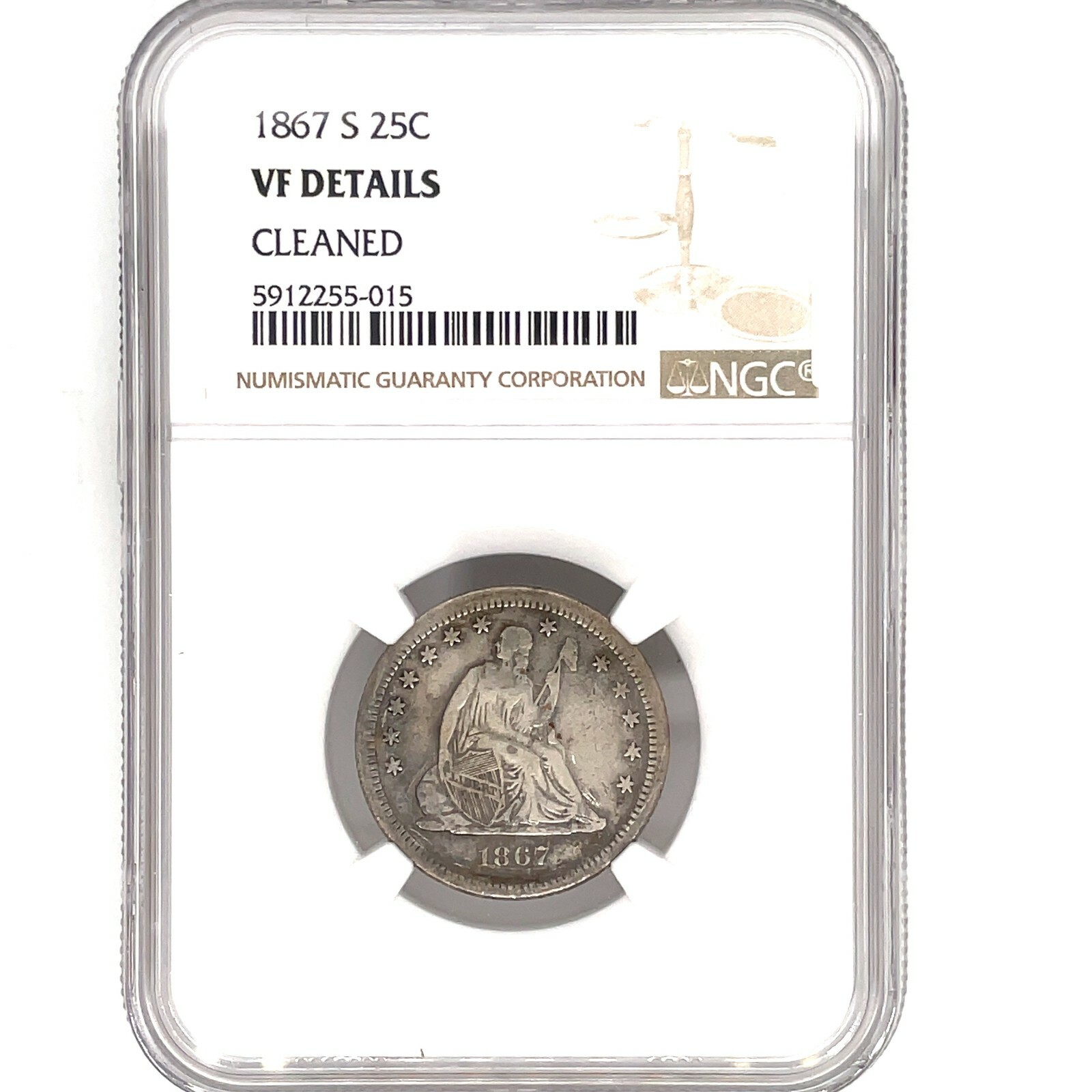 1867-S Seated Liberty Silver Quarter 25C, NGC VF Details