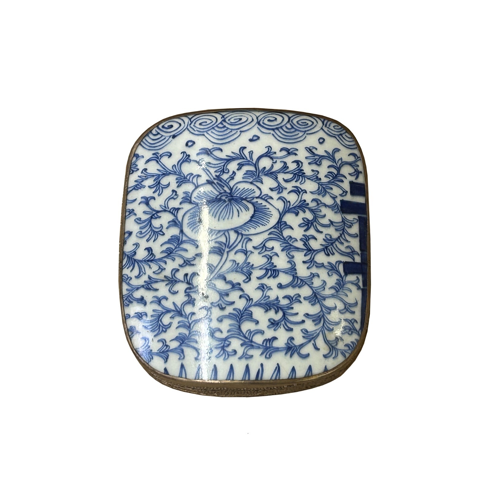 Chinese Old White Base Blue Scroll Leaf Graphic Porcelain Art Pewter Box ws3905S Chinese Old White Base Blue Scroll Leaf Graphic Porcelain Art Pewter Box ws3905S