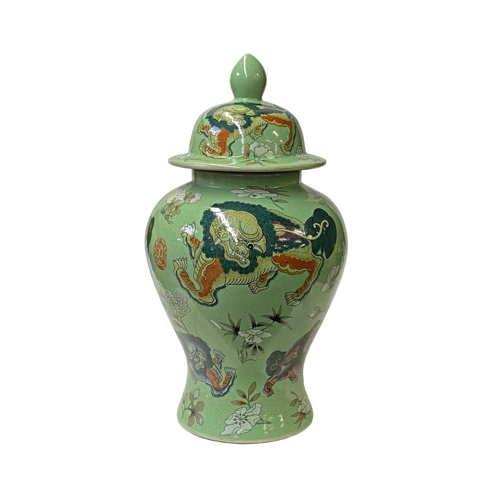 Chinese Crackle Avocado Green Color Foo Dogs Porcelain Temple Jar ws1697S Chinese Crackle Avocado Green Color Foo Dogs Porcelain Temple Jar ws1697S