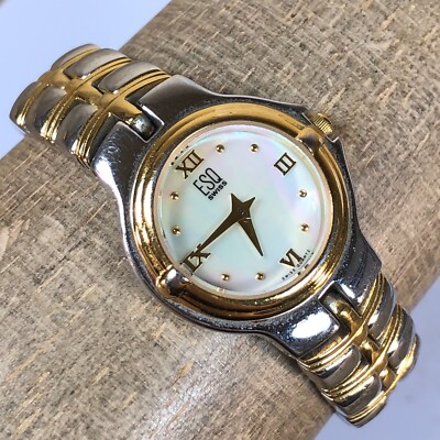 Vtg ESQ Swiss Movado Women Two-Tone Mother of Pearl Dial Quartz Watch 6 1/2''
