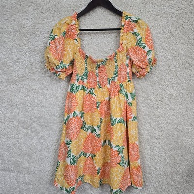 House of Harlow 1960 Floral Linen Mini Dress Women Medium Orange Yellow Smocked
