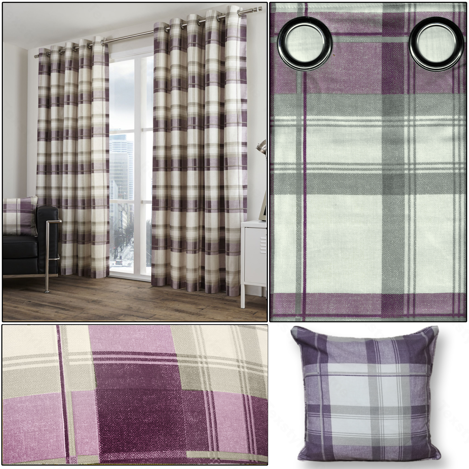 Plum Purple Curtains Balmoral Tartan Check Lined Eyelet Ring Top