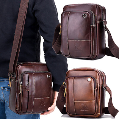Herren Schultertasche Echt Leder Umhängetasche Kleine Handtasche Tasche Braun