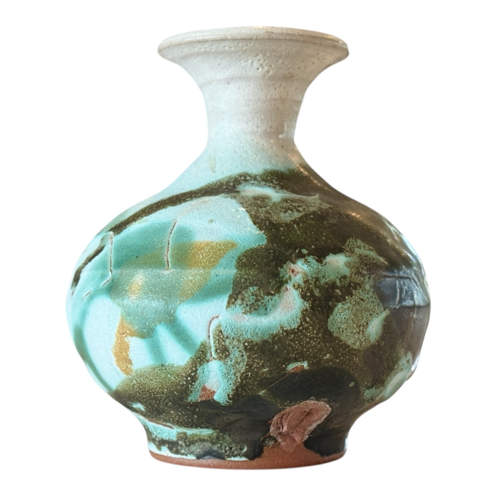 Vintage Studio Art Green & White Glazed Ceramic Pottery Vase