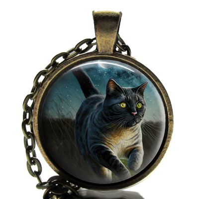 Kitty Cat Running in the Night Starry Sky Pendant Necklace Handcrafted Gift