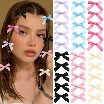 30PCS Pink Satin Bow Hair Clips 6 Color Mini Bowknot Hair Ribbon Clips for Te...