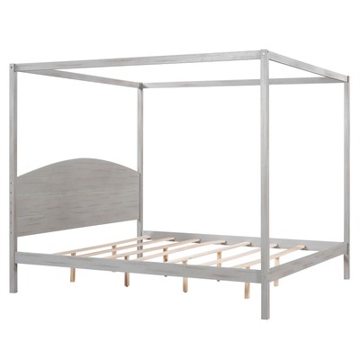 Grey Wash King Size Canopy Bed with Headboard & Support Legs