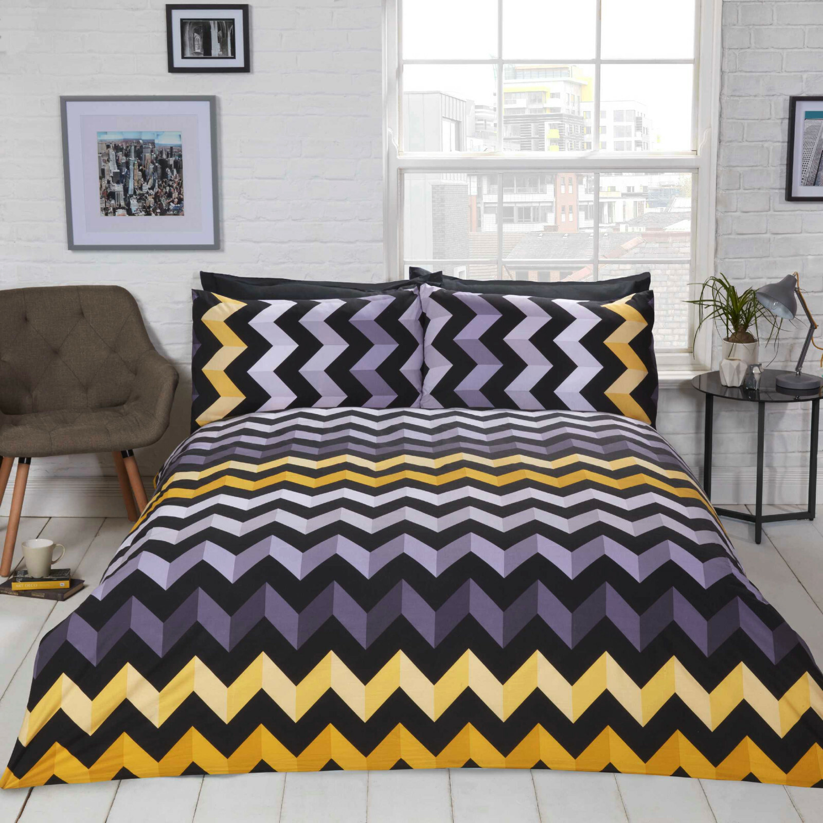 Ochre Grey Duvet Cover Bright Colour Bold Zig Zag Striped