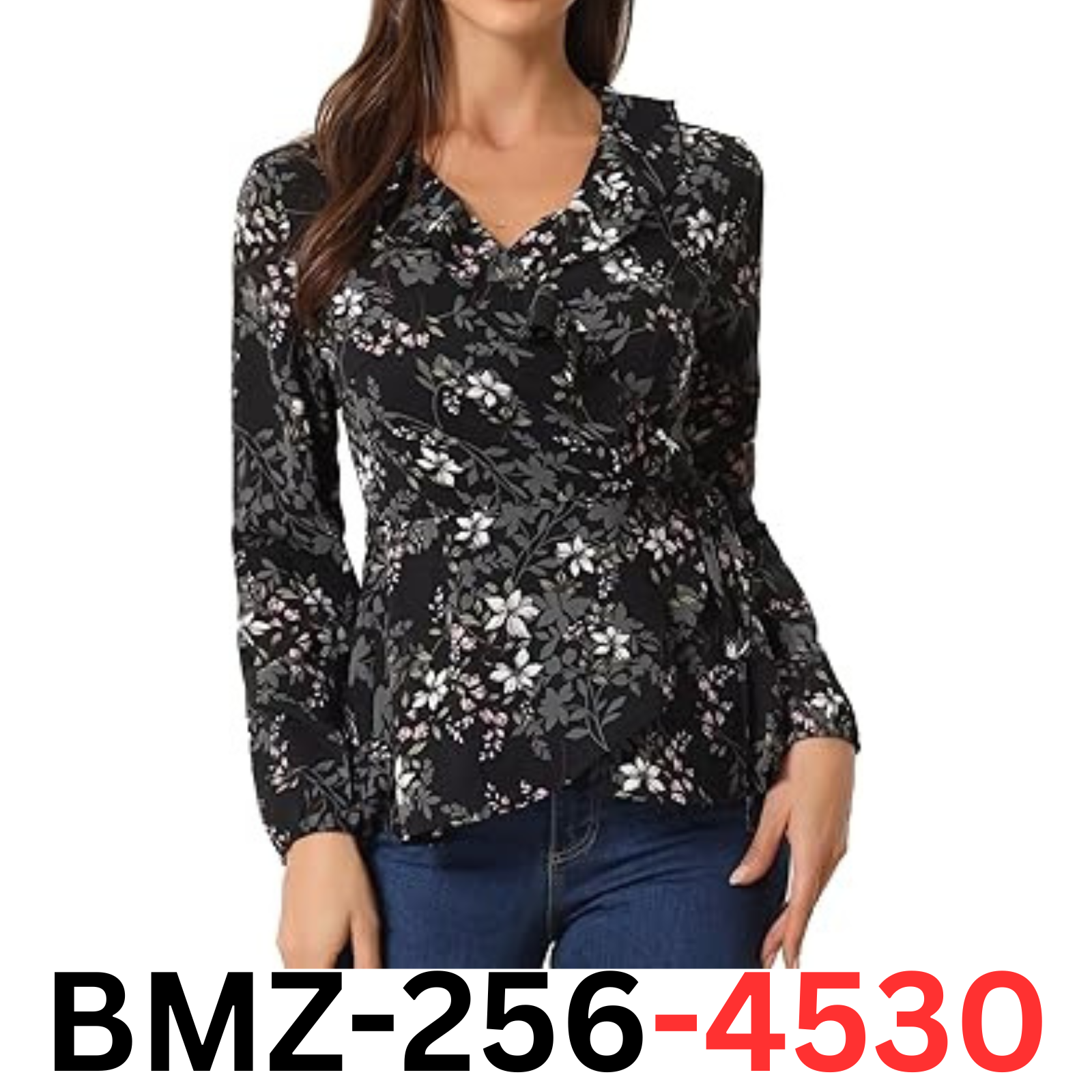 Allegra K Women's Floral V-Neck Wrap Long Sleeve Tie Waist Ruffle Peplum Tops, L