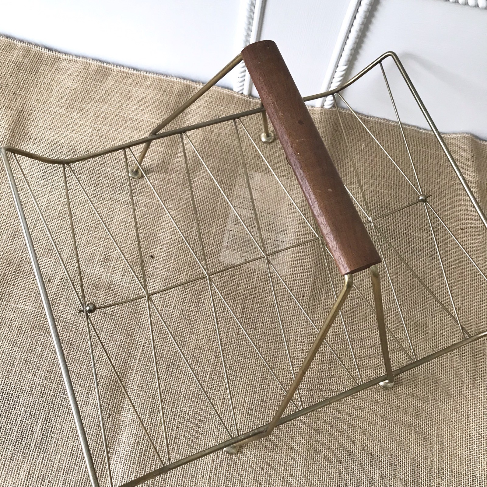 Vintage Mid Century Brass Metal LP Record Holder Magazine Rack Wood Handle