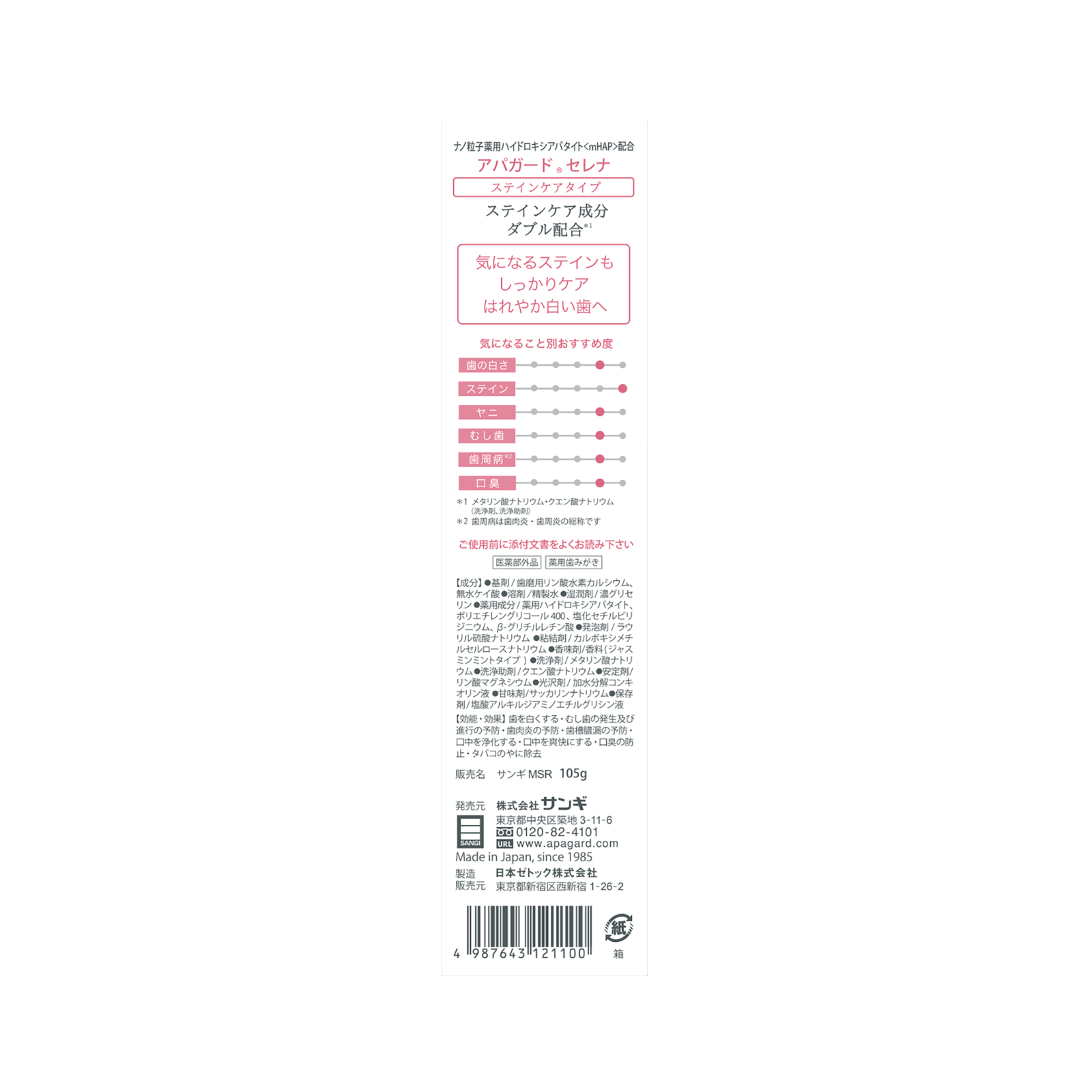 APAGARD Serena [105g×3] Stain Care Types Whitening Toothpaste SANGI Japan