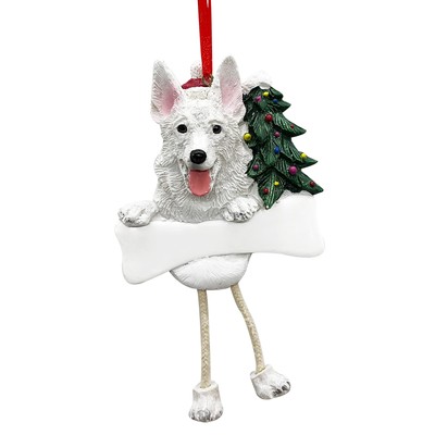German Shepherd Ornament White with Unique ''Dangling Legs'' Hand Painted and E...