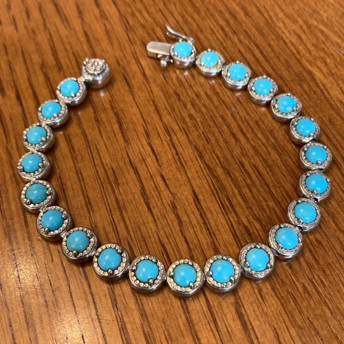 Sterling Silver Southwest Turquoise Signed 7.5” Long Tennis Bracelet NF