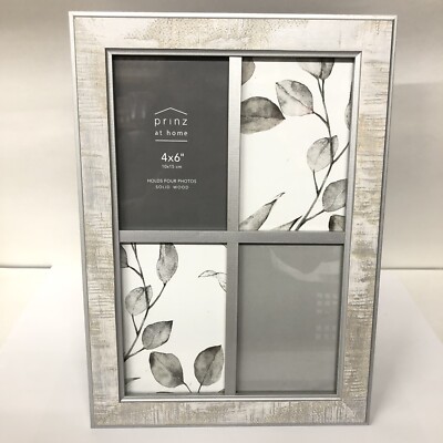 Elegant Photo Picture Frame 4-opening White & Silver Collage 4x6  Solid Wood