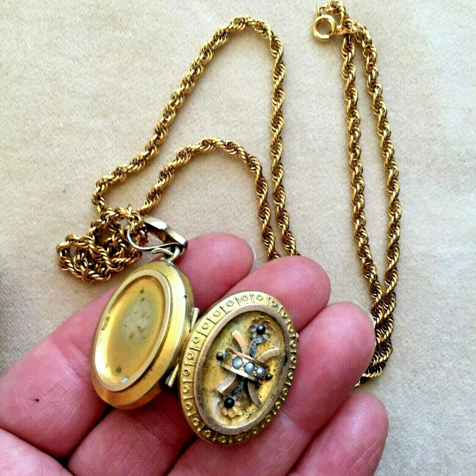 Victorian ETRUSCAN STYLE Triple Seed Pearl Locket Pendant on 22