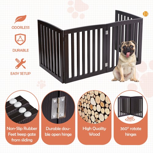 Freestanding Pet Dog Gate 4 Panels Indoor Foldable Dog Fence for Stairs Brown