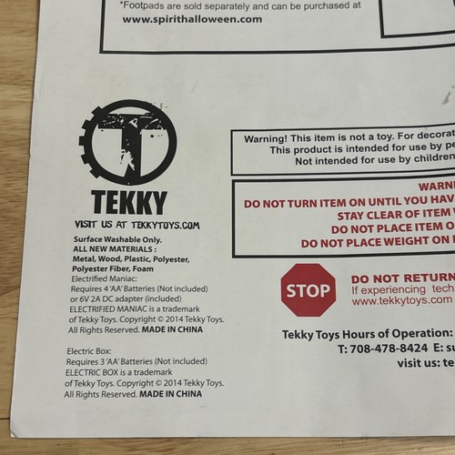 Spirit Halloween Tekky Electrified Maniac Prop Instruction Manual Only READ!