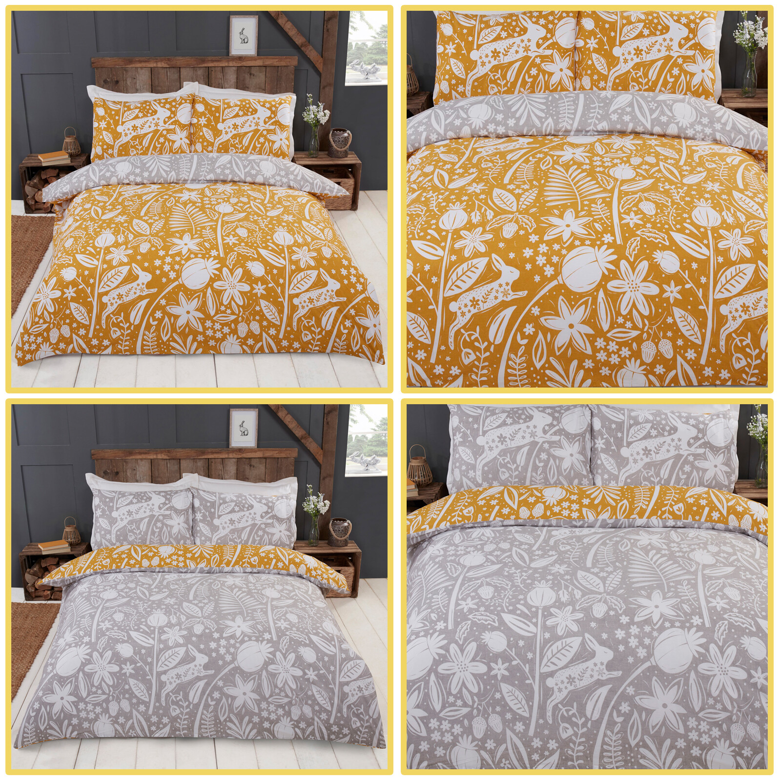 Ochre Yellow Floral Duvet Covers Woodland Rabbit Reversible