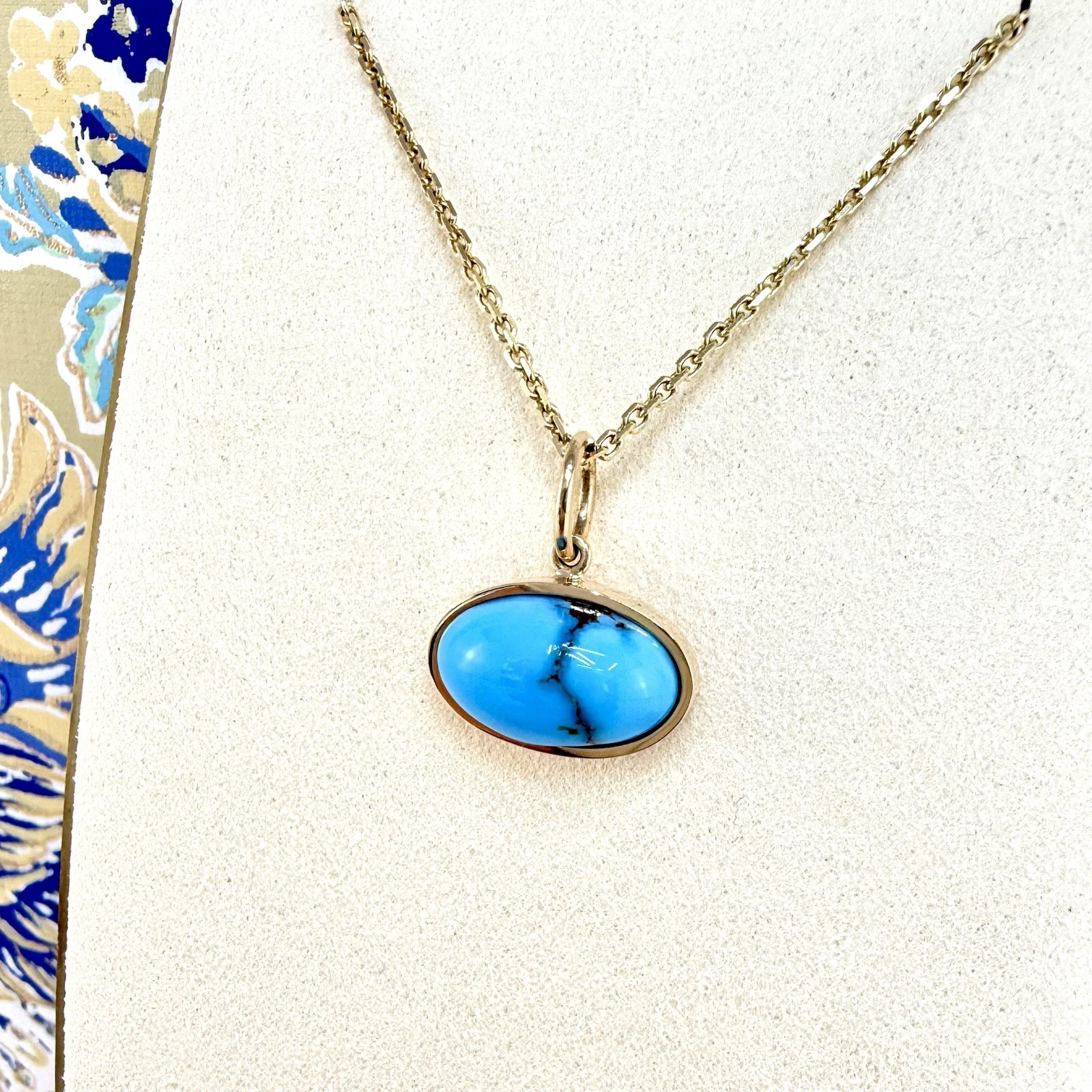 Modernist 14k Yellow Gold Natural Egyptian Turquoise Custom Made Pendant, Unisex - Picture 2 of 10