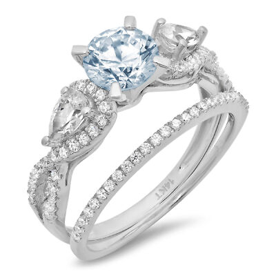Pre-owned Pucci 2 Round Pear 3 Stone Real Aquamarine Wedding Statement Ring Set 14k White Gold