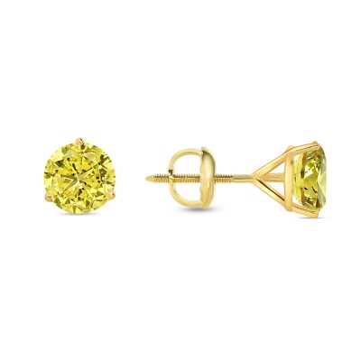 Pre-owned Shine Brite With A Diamond 3.50 Ct Round Cut Canary Earrings Studs Solid 18k Yellow Gold Screw Back Martini