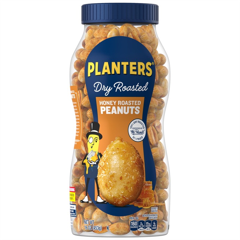Honey Roasted Peanuts, Party Snacks, Plant-Based Protein, 16 Oz Jar