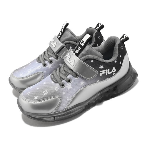 Fila J851X серебристо-черные детские дошкольные кроссовки с подсветкой для бега на ремешках