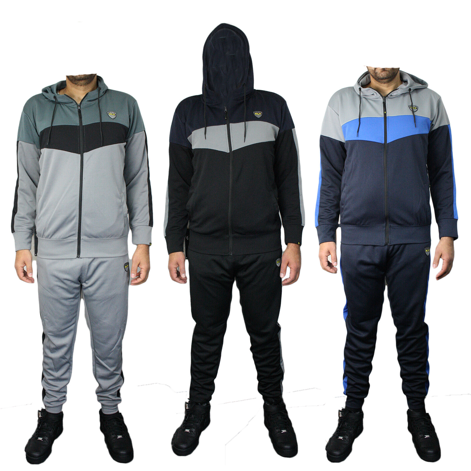 Mens HLY Polyester Zip Up Hoodie Tracksuit Slim Fit Gym Joggers Bottoms