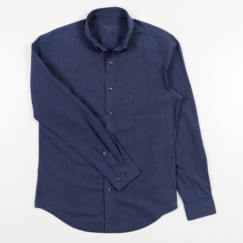 Giordano Dress Shirt Slim Fit Navy Stripe 100% Cotton Men's Size Small |  eBay