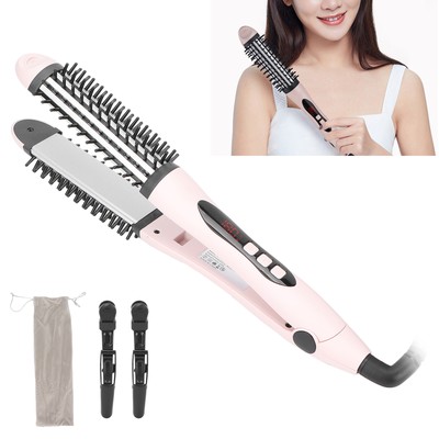 2 in 1 Hair Straightener Flat Iron Hot Round Brush Hair Straightening Brush DGD