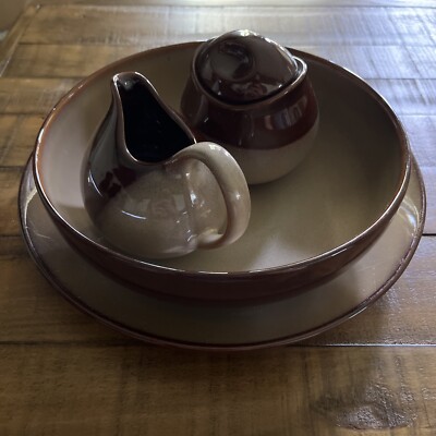 SANGO NOVA BROWN STONEWARE 4933 COFFEE CREAMER, SUGAR BOWL WITH LID, SERVING BOW