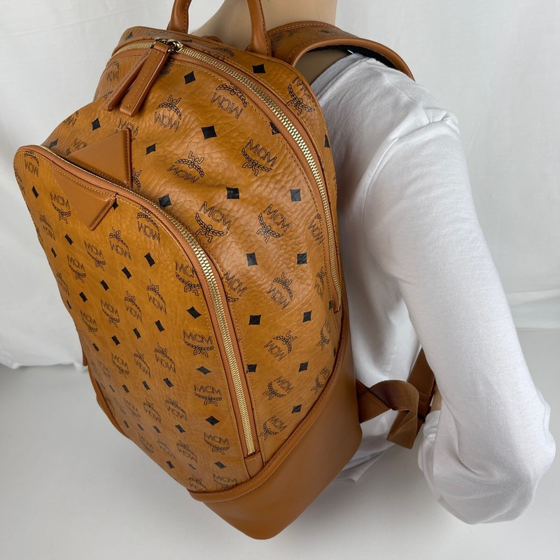 MCM Brown Logo Visetos Cognac Backpack - Authenticity Certified