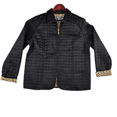 Koret Womens Quilted Reversible Jacket Animal Print Full Zip Black Tan Size 16