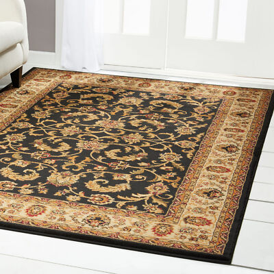 TRADITIONAL BLACK BEIGE GREEN FLORAL Persien AREA RUG ORIENTAL BORDERED CARPET