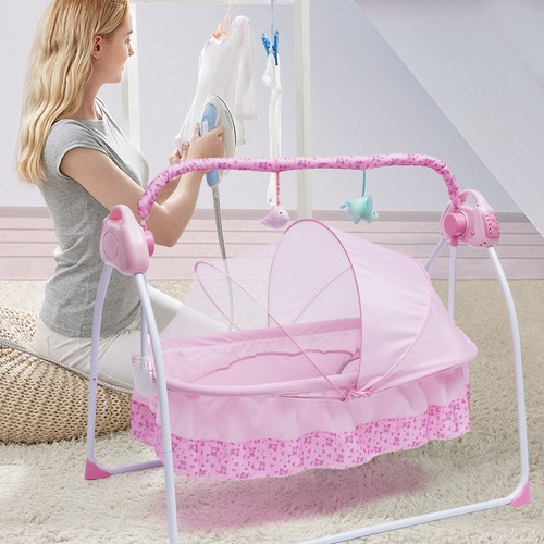 Elektrische Babywiege Kinderbett Babybett m/ automatischer Schaukel Rosa Musik