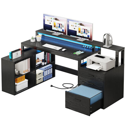 65'' L Shaped Desk Computer Desk with Power Outlets & LED Lights & File Drawers