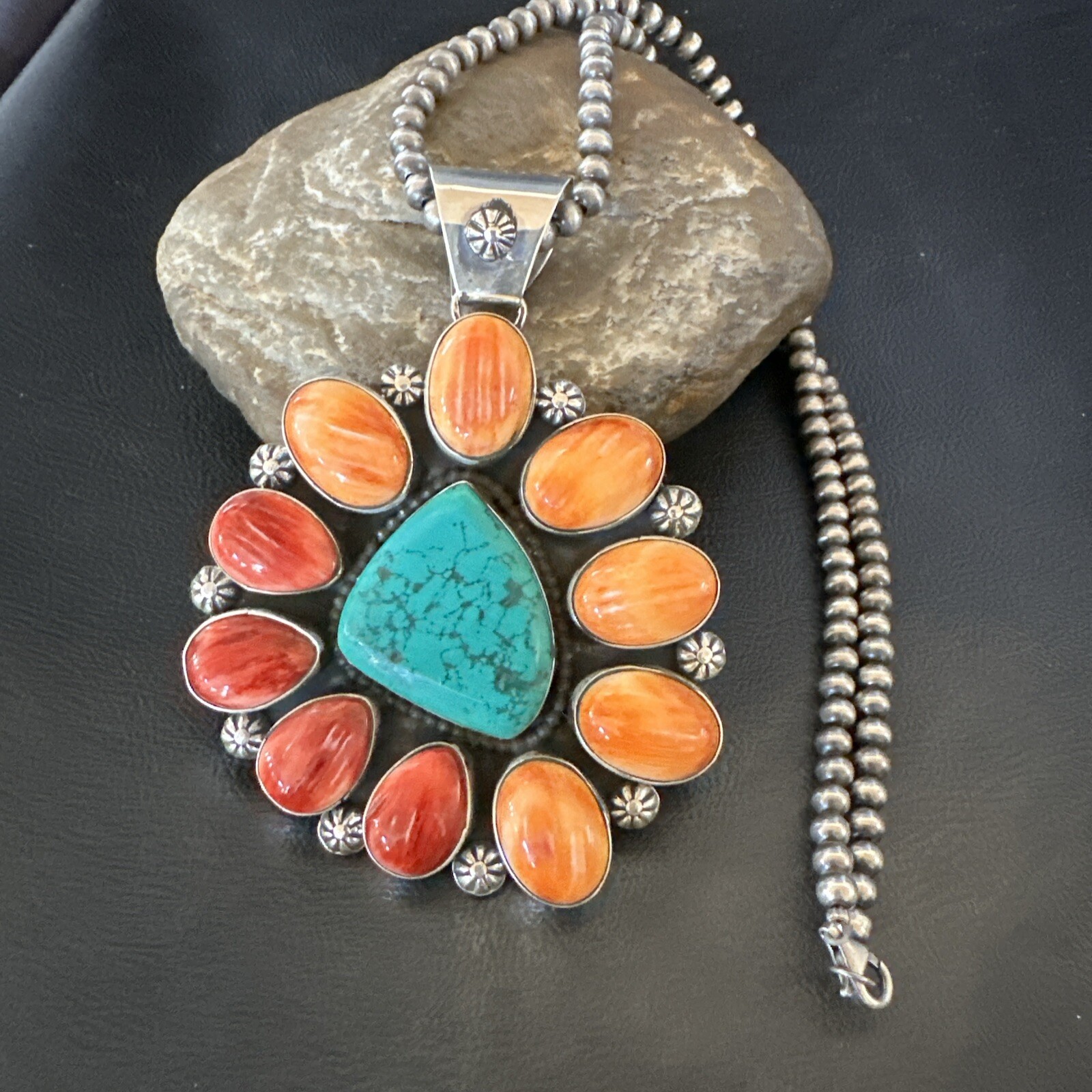 XL Turquoise Orange Spiny Cluster Pendant Navajo Sterling Silver