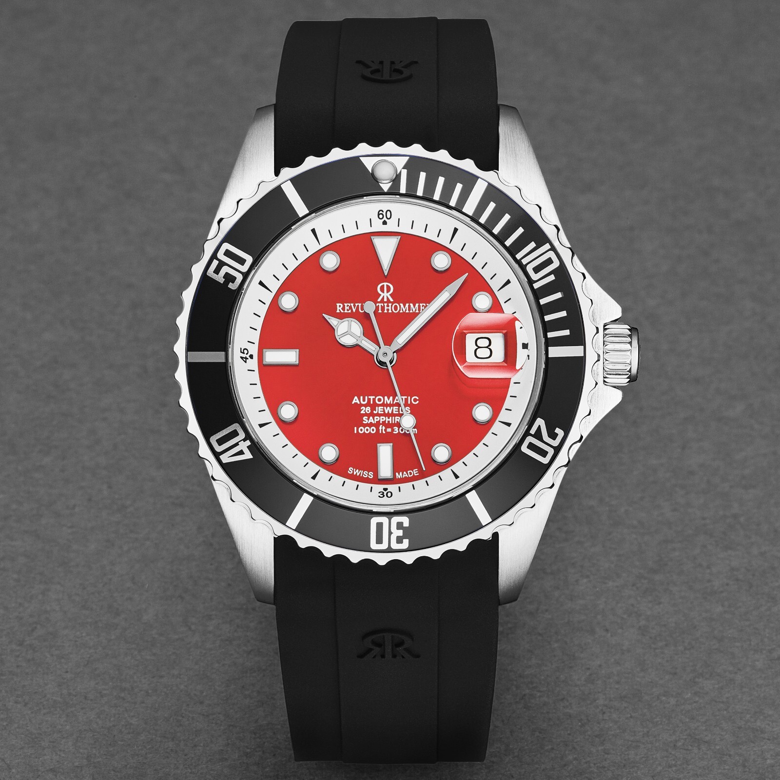 Pre-owned Revue Thommen 's Men's Diver Red Dial Rubber Strap Automatic Watch 17571.2338