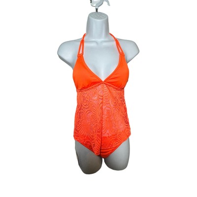 UjENA Women`s Neon Orange Festival Open Back Tankini Bathing Suit size small NWT