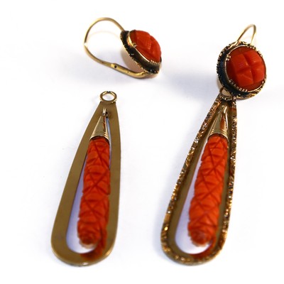 AMAZING long DAY/NIGHT Georgian CARVED CORAL 15k earrings