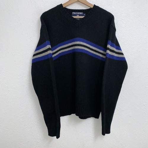 Vintage Polo Sport Ralph Lauren Lambs Wool Black Striped Sweater Sz Medium