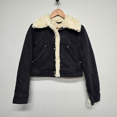 We The Free People Denim Trucker Jacket Women XS Black Cotton Faux Fur Trim Boho